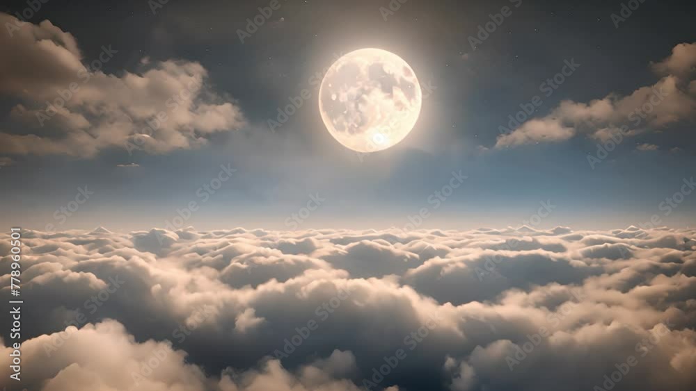 An amazing view of the beautiful full moon in the night sky, which illuminates the endless clouds, creating a unique skyscape. An amazing view of the beautiful full moon in the night sky, which illuminates the endless clouds, creating a unique skyscape.