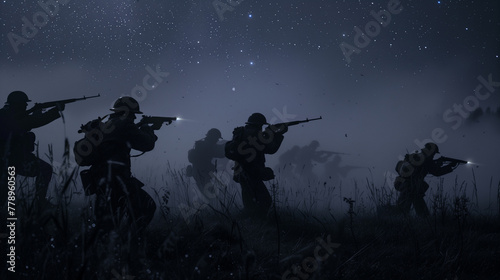 Silhouettes of armed soldiers against a night sky with stars, depicting military action or historical battle reenactment.