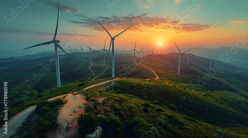 wind turbines on the mountains at sunset