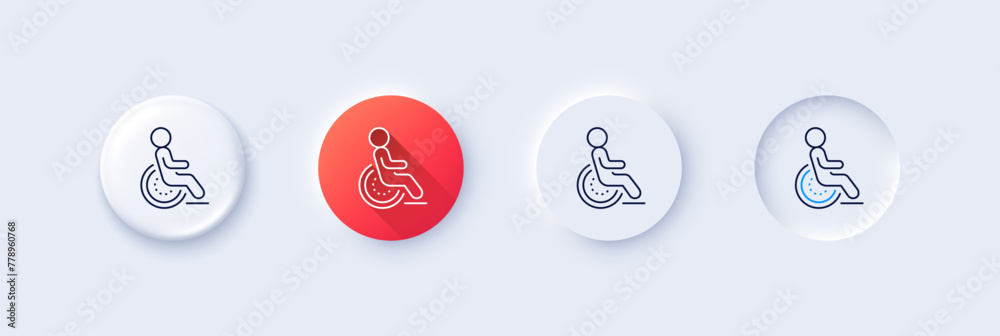 Disability person line icon. Neumorphic, Red gradient, 3d pin buttons. Wheelchair user sign. Hotel service symbol. Line icons. Neumorphic buttons with outline signs. Vector Disability person line icon. Neumorphic, Red gradient, 3d pin buttons. Wheelchair user sign. Hotel service symbol. Line icons. Neumorphic buttons with outline signs. Vector