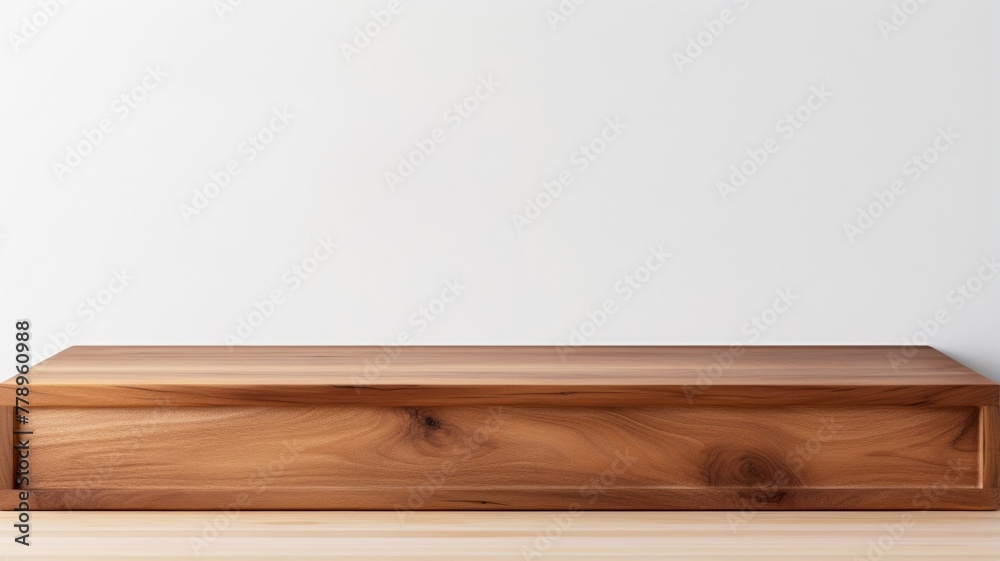 Front view of a shiny wooden surface of shelf, desk, display, or board isolated on a simple white background. Generative AI. Front view of a shiny wooden surface of shelf, desk, display, or board isolated on a simple white background. Generative AI.