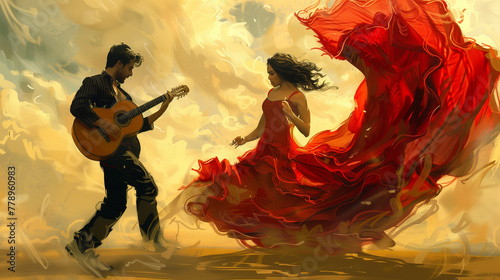 Romantic painting of a man playing guitar serenading a woman in a flowing red dress, dancing in a sunlit room with warm, golden tones.