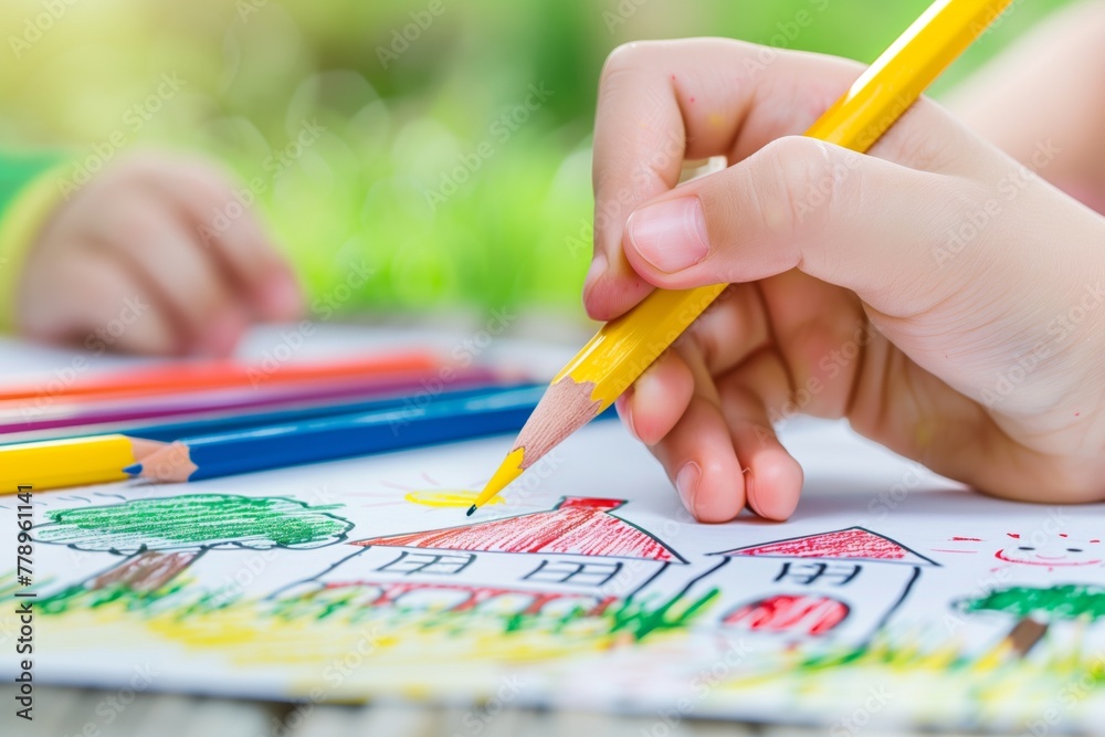 Child hand holding pencil and drawing house and family together with other kids Child hand holding pencil and drawing house and family together with other kids