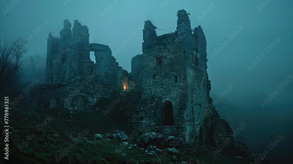 Vacant castle ruins at dusk, walls crumbling, history whispered in the wind