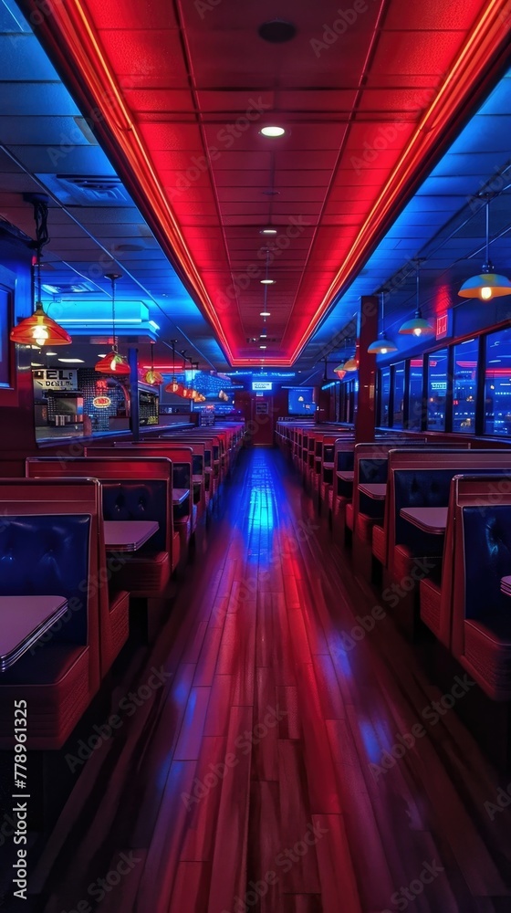 Vacant diner after hours, neon sign buzzing, booths unoccupied