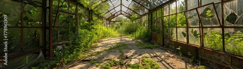 Overgrown greenhouse, glass panels shattered, nature reclaiming the space photo