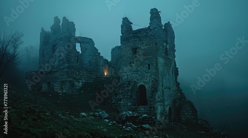 Vacant castle ruins at dusk  walls crumbling  history whispered in the wind