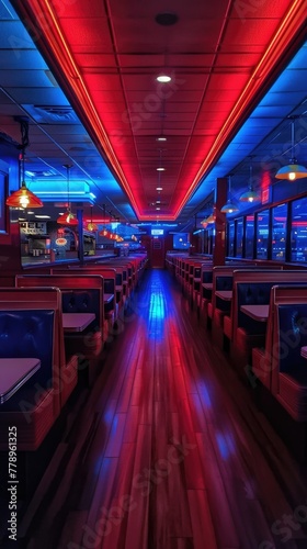 Vacant diner after hours  neon sign buzzing  booths unoccupied
