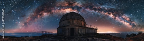 Abandoned observatory, dome open to a starry sky, silence reigning photo