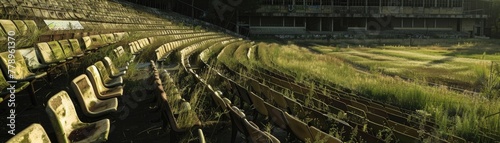 Abandoned sports stadium, seats faded, field overgrown, silence all around photo