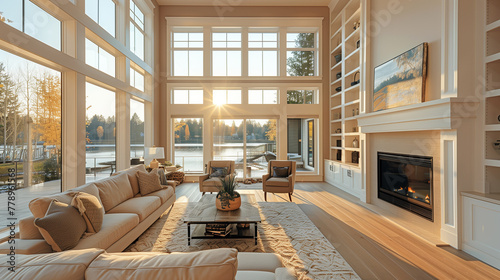 Luxurious living room with high ceilings  large windows  and a fireplace  bathed in warm sunlight with a serene lake view. Modern interior design with comfortable furniture and elegant decor.