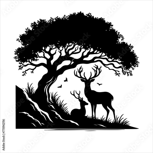 deer vector illustration. Graphic black silhouettes of wild deers – male, female and roe deer