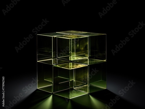 Olive glass cube abstract 3d render, on black background with copy space minimalism design for text or photo backdrop 