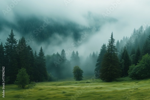 Idyllic and scenic view of trees on green grassy landscape in natural forest under dense foggy weather	 photo