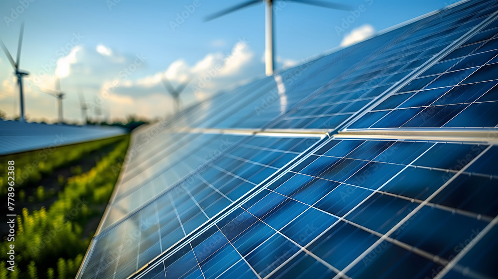 Solar panels in agricultural field under the sunny blue sky