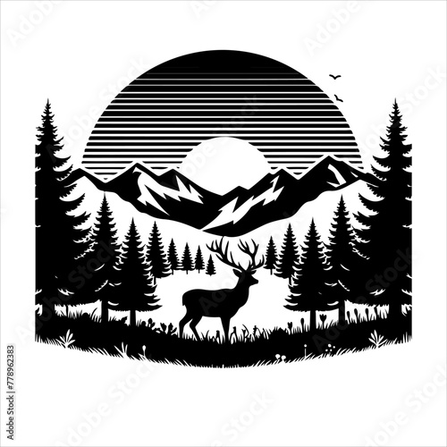 deer vector illustration. Graphic black silhouettes of wild deers – male, female and roe deer