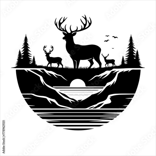 deer vector illustration. Graphic black silhouettes of wild deers – male, female and roe deer