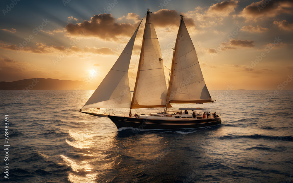 Sailing yacht on the glittering sea at golden hour, with a group of friends enjoying the breeze