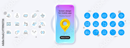Phone mockup with 3d map pin icon. Binary code, Bitcoin project and Team work line icons. Pack of Chemistry lab, Podium, Transmitter icon. Shield, Approved, Augmented reality pictogram. Vector