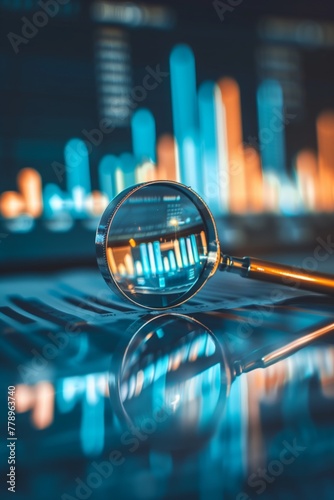 Magnifying glass on background with report chart and graph, business data analysis, stock finance, investment management concept	