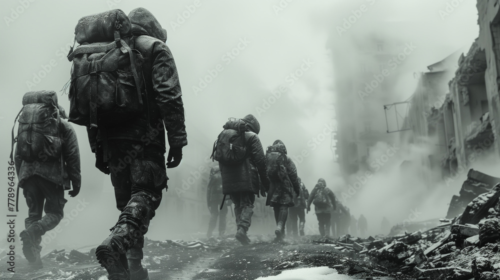 A group of people with backpacks walking through a foggy, snow-covered urban landscape, suggesting a theme of survival or exploration in harsh conditions.