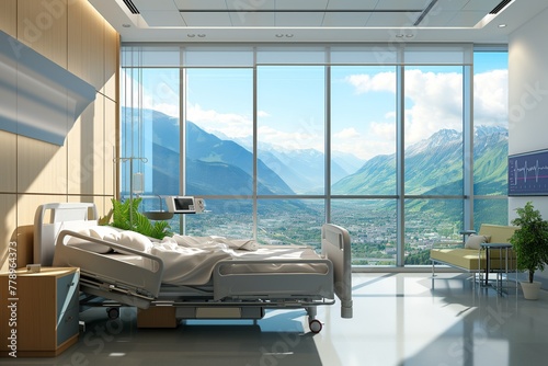 Modern hospital room with scenic view 