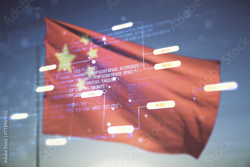 Multi exposure of abstract creative coding sketch on flag of China and sunset sky background, artificial intelligence and neural networks concept