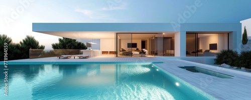 Modern minimalist sustainable house with a clear blue pool with sleek white walls  and a serene sky backdrop 