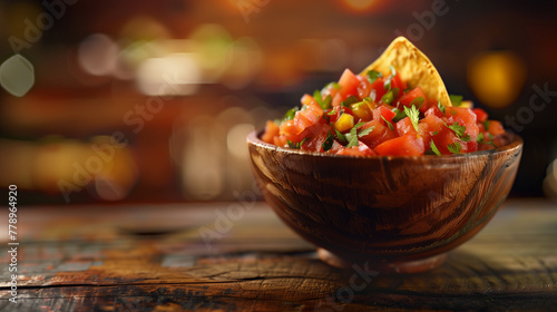 Fresh homemade salsa in a wooden bowl with a tortilla chip, on a rustic table with a blurred kitchen background.