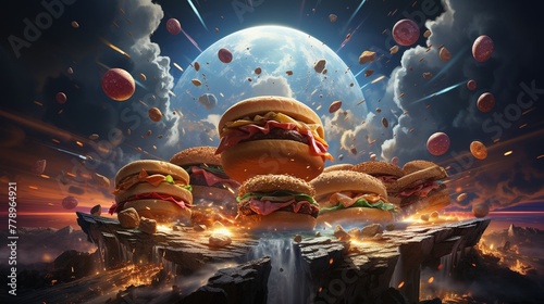 Surreal dimension where physics-defying heroes outsmart gravity-bound junk food fiends illustration photo