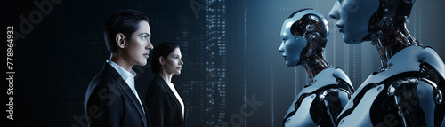Three robots are standing in front of a man and a woman
