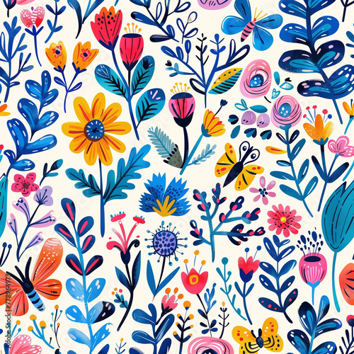 Summer pattern with calm bright colors, with flowers, butterflies and plants.