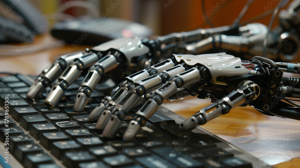 Robotic hands typing on a keyboard, symbolizing artificial intelligence and automation in modern technology.
