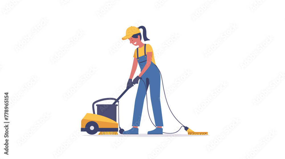 cleaning service woman with yellow cap and overalls cleaning floor using a carpet cleaner vector illustration white background