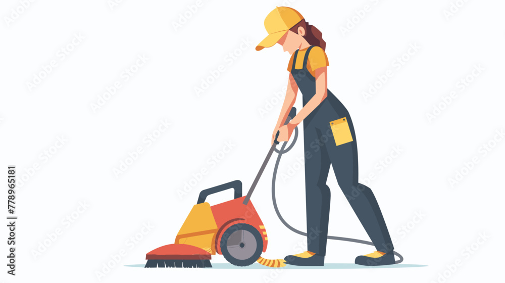 cleaning service woman with yellow cap and overalls cleaning floor using a carpet cleaner vector illustration white background cleaning service woman with yellow cap and overalls cleaning floor using a carpet cleaner vector illustration white background