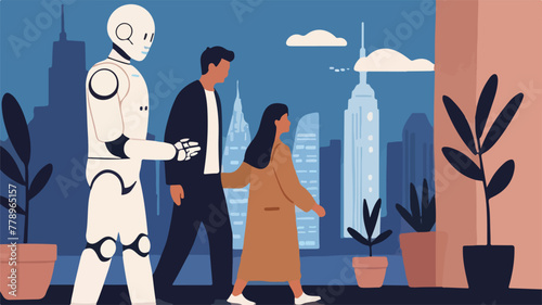 Vision of the Future. A stunning flat vector illustration depicting the advancement of AI technology replacing human jobs in a clean and simple manner.