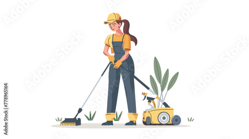 cleaning service woman with yellow cap and overalls cleaning floor using a carpet cleaner vector illustration white background