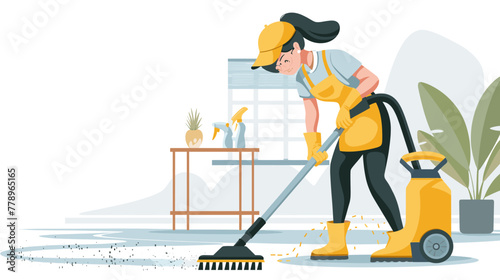cleaning service woman with yellow cap and overalls cleaning floor using a carpet cleaner vector illustration white background