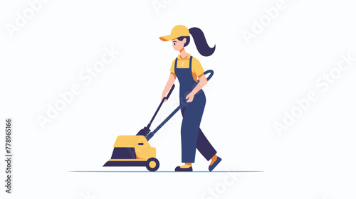 cleaning service woman with yellow cap and overalls cleaning floor using a carpet cleaner vector illustration white background