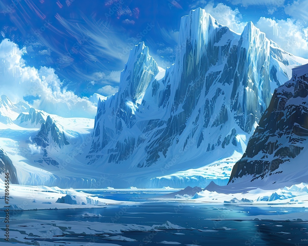 A beautiful landscape of mountains and ice with a blue sky in the background