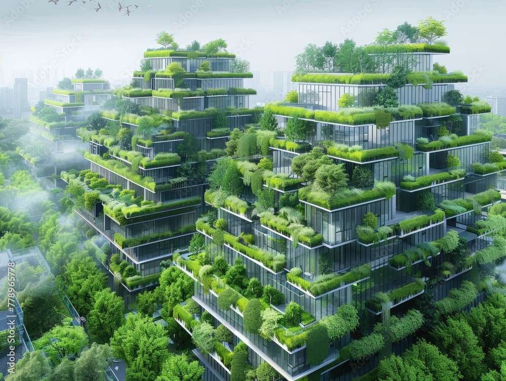 Two tall buildings with green roofs and trees growing on them
