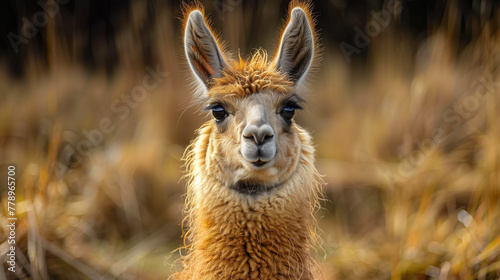 Close-up of a curious llama with a funny expression, set against a blurred background of golden hues. Perfect for quirky and playful designs.