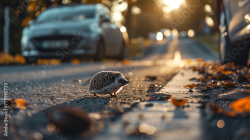 A lone hedgehog crosses a wet road strewn with autumn leaves at sunset, with the golden light casting long shadows, while cars are blurred in the background. photo