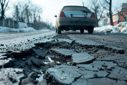 Old damaged asphalt pavement road with potholes in city 