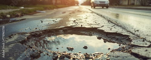 Old damaged asphalt pavement road with potholes in city	 photo