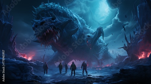 Arctic explorers discovering a frozen underworld ruled by ice junk food monsters illustration