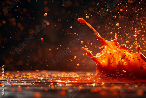 Dynamic orange liquid splash with droplets against a dark background, capturing movement and texture in a vibrant and energetic composition. photo