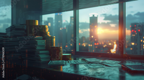 Piles of money on a table with a city skyline at sunset in the background, suggesting wealth, financial success, or corporate profits.