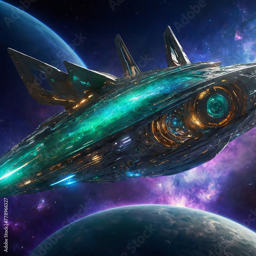 spaceship flying through space near planets. AI generated