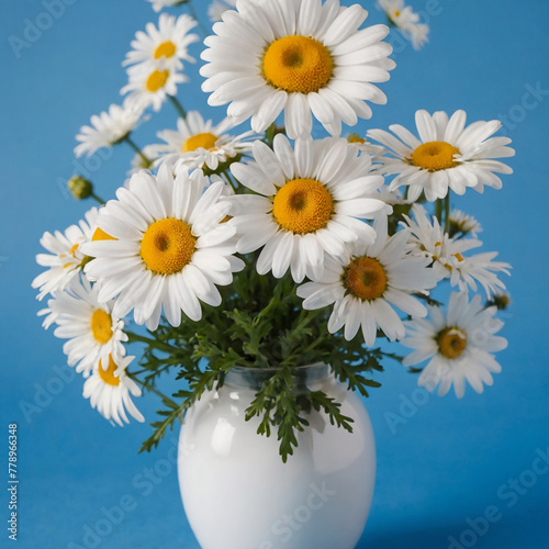 bouquet of daisies in a wax on a blue background. AI generated